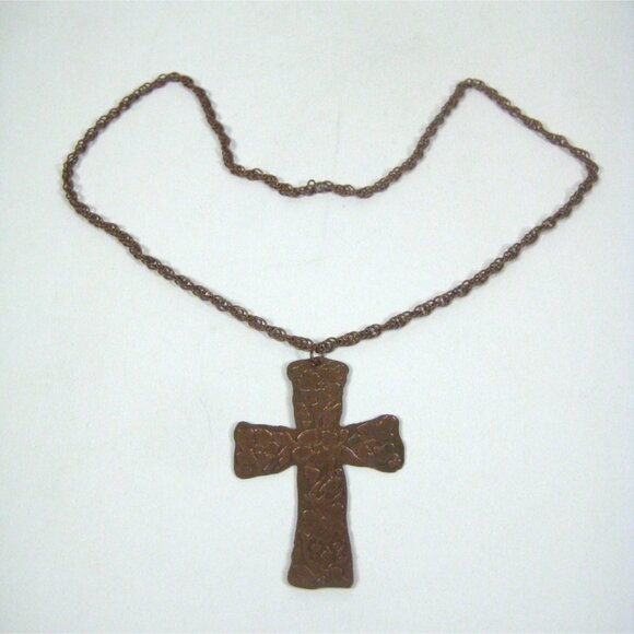 Handmade Copper Cross Pendant Necklace Floral Design Hammered CVG 30 inch Vintag - Picture 15 of 16
